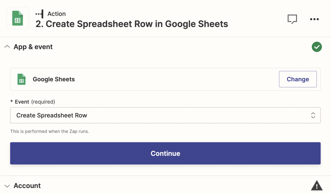 A screenshot of the setup for a Google Sheets action step in the Zapier editor.