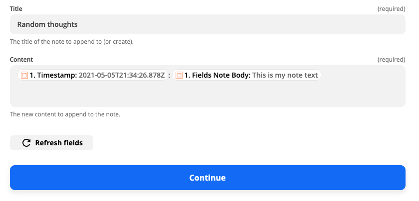 Customizing how the Append to Note action is formatted in the Zap editor. The timestamp and note body information from the Chrome trigger is inserted in the Content field. 