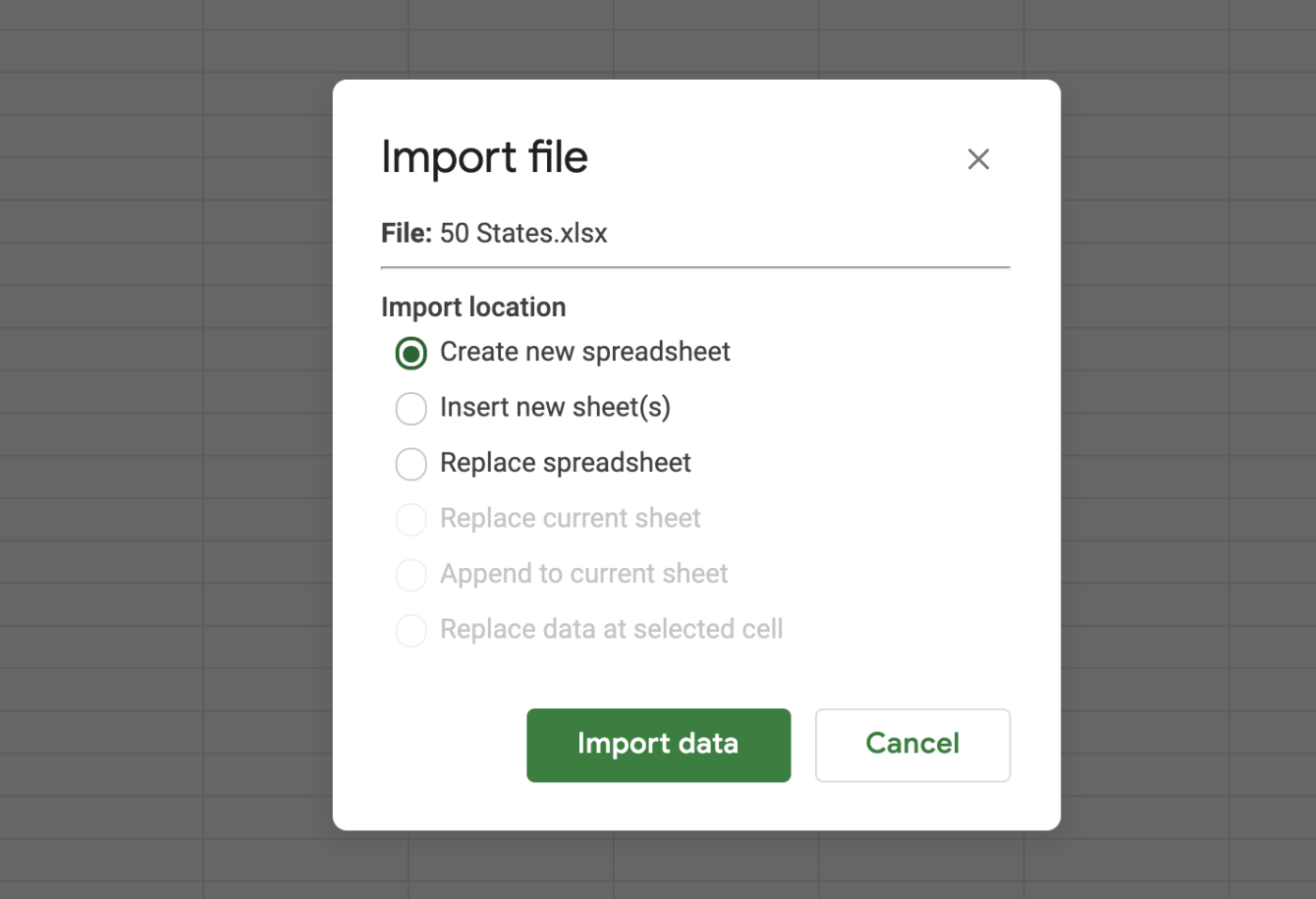 Google Sheets import options