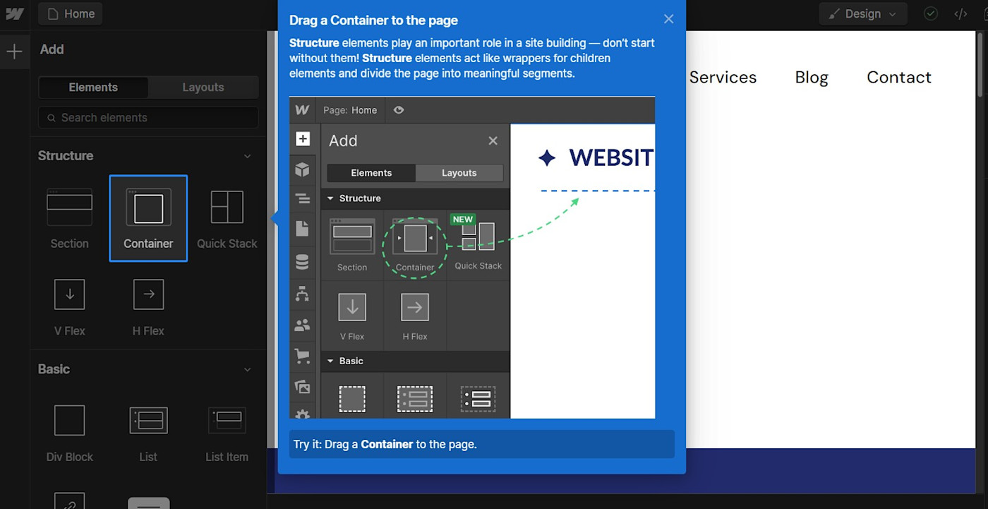 Webflow's guided tutorial in the website builder