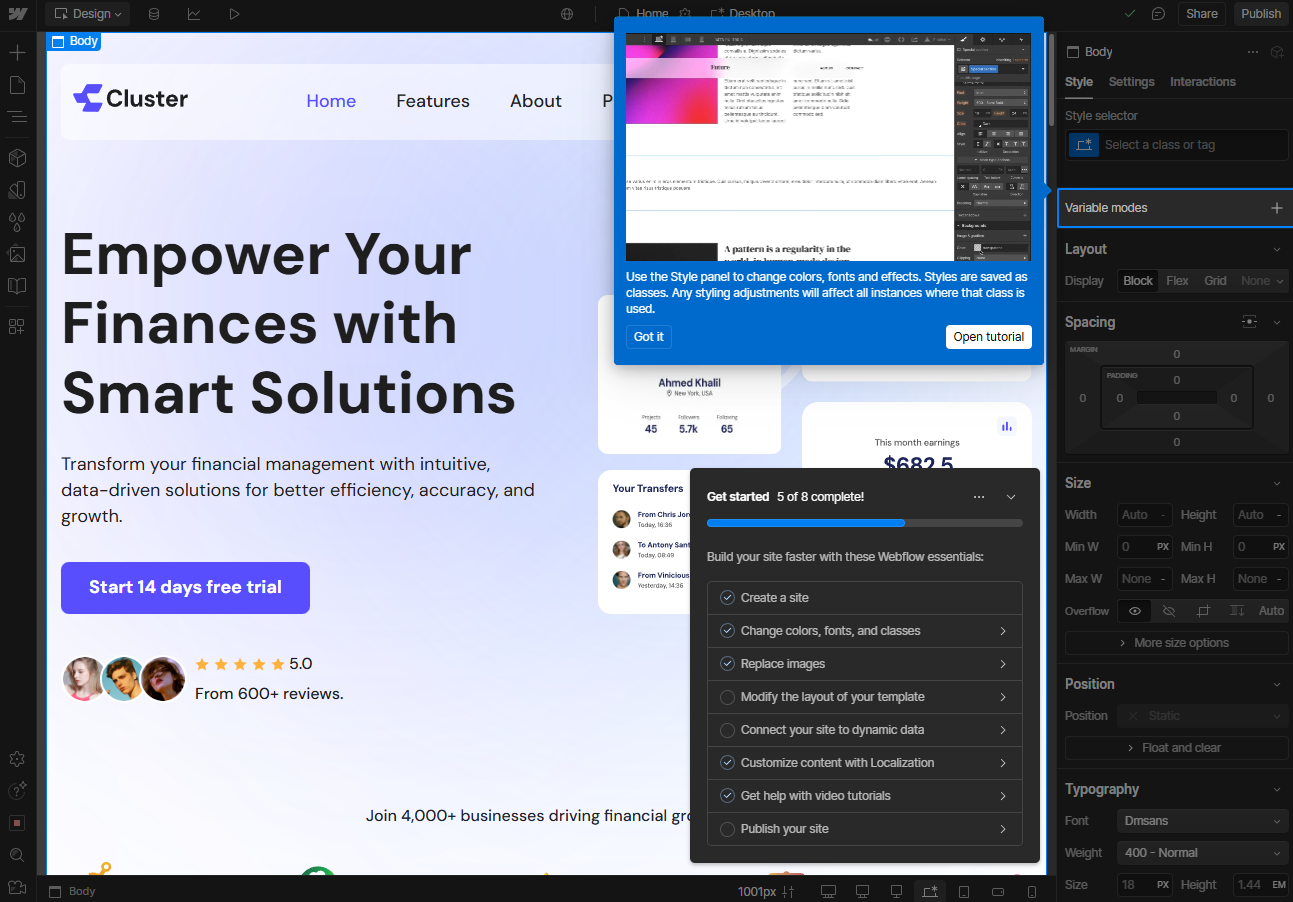 Webflow's guided tutorial in the website builder