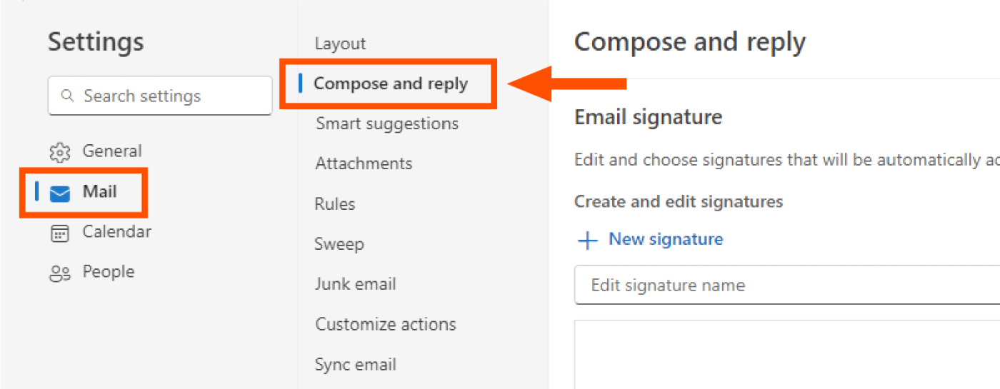 Screenshot of where to find the Compose and Reply feature in Outlook, with an orange box around it and an arrow pointing to it