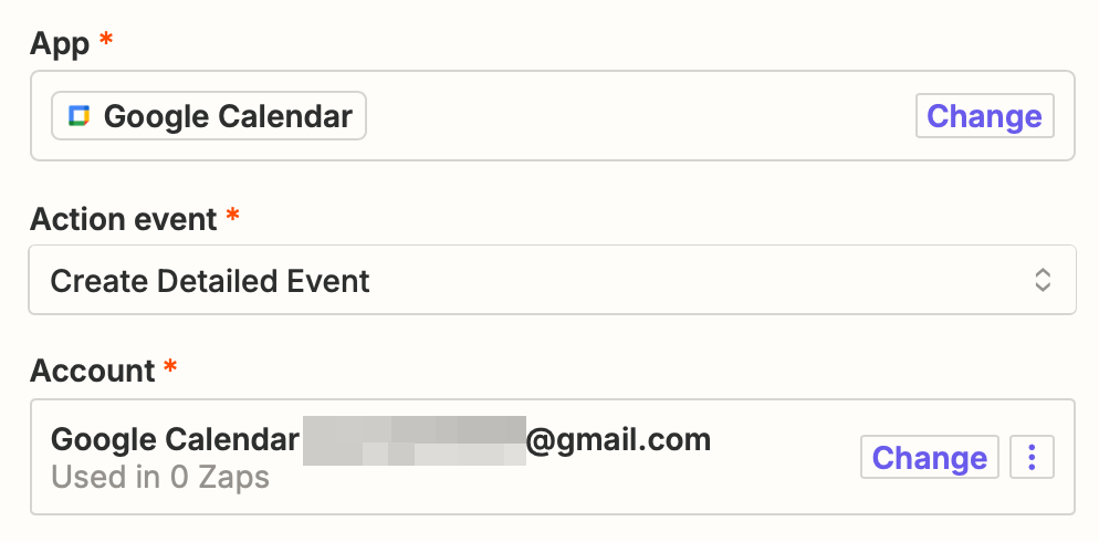 An action step in the Zap editor with Google Calendar selected for the action app and Create Detailed Event selected for the action event.