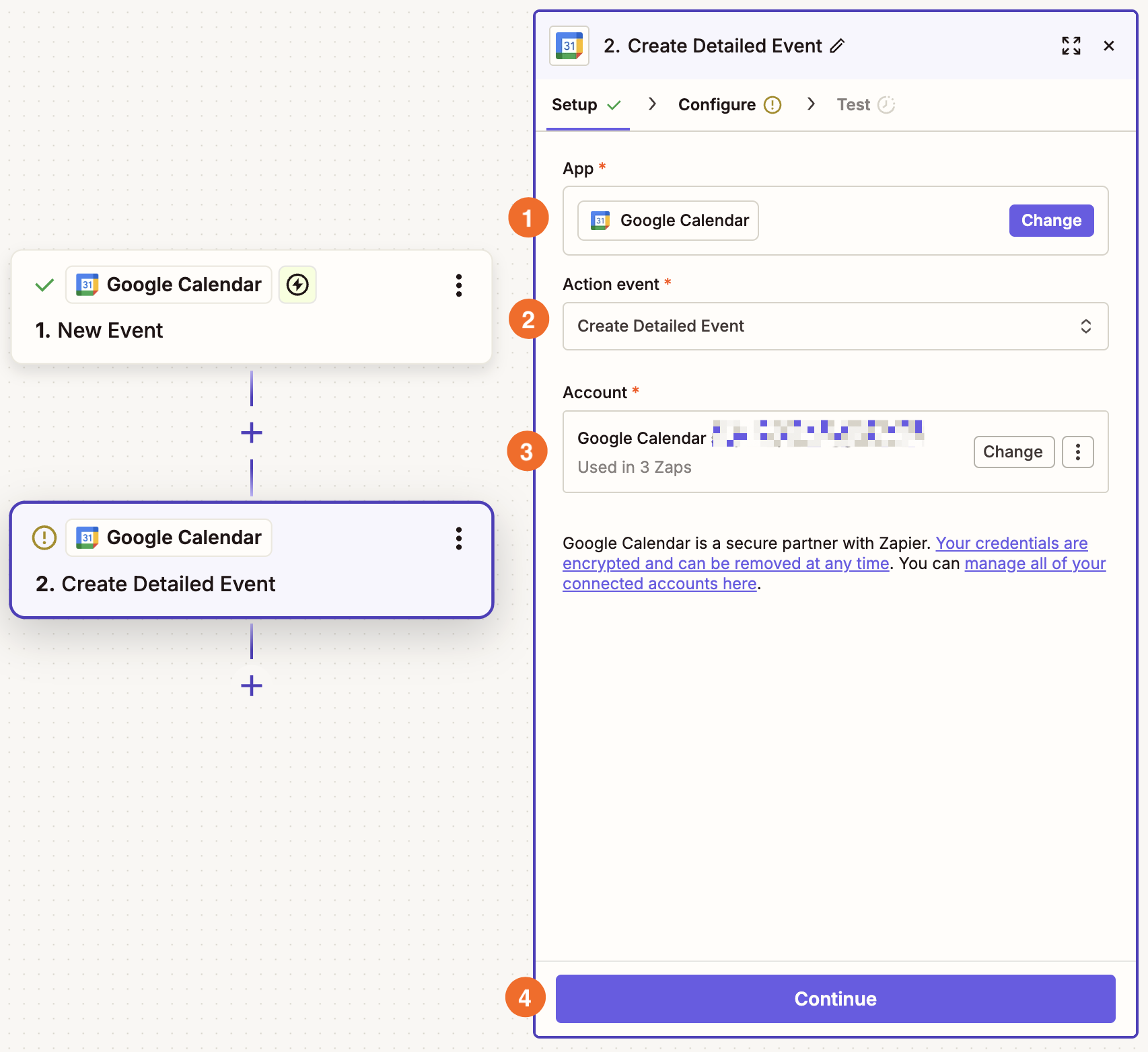 An action step in the Zap editor with Google Calendar selected for the action app and Create Detailed Event selected for the action event.