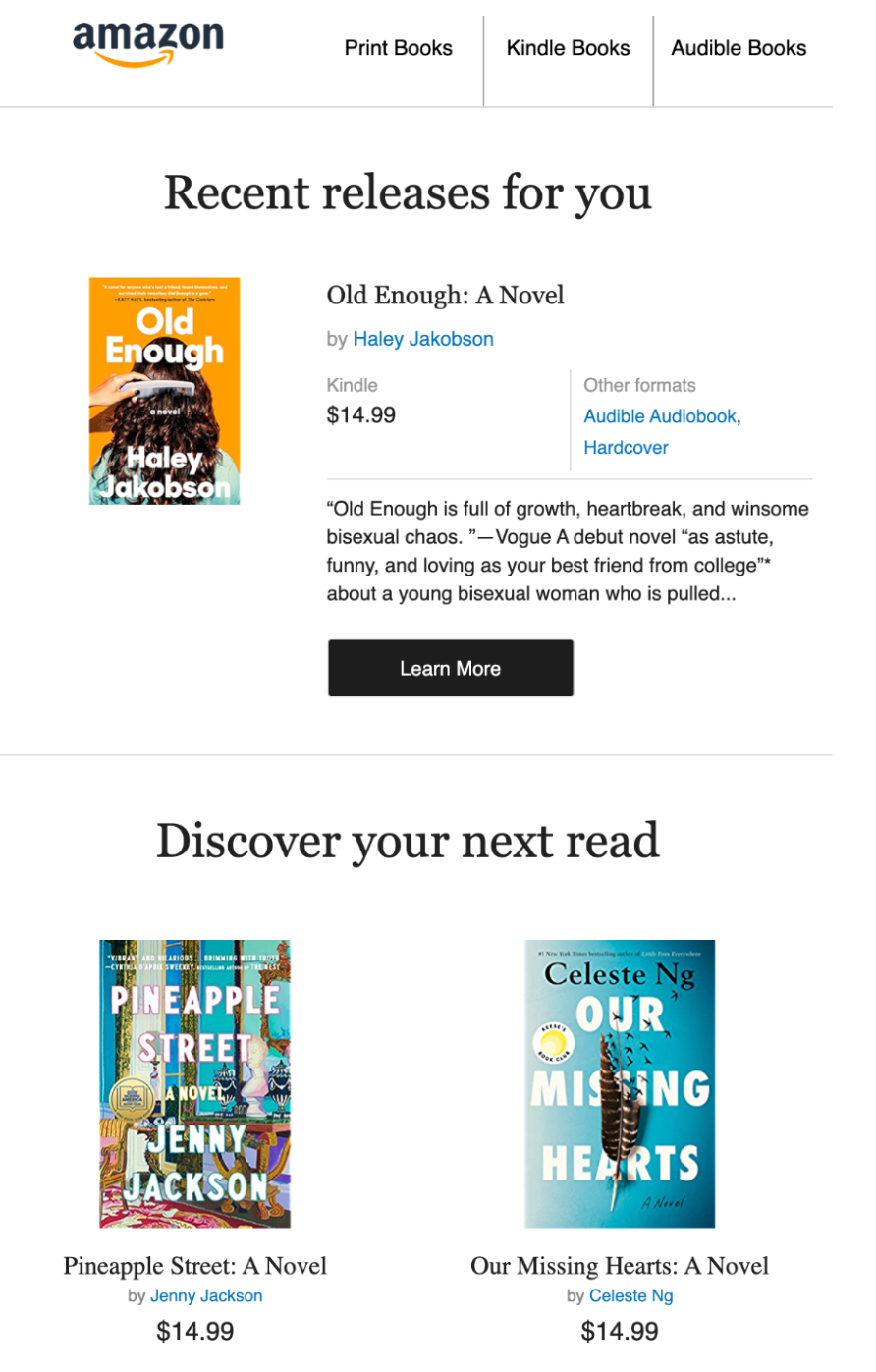 Product recommendation email from Amazon with the heading Recent releases for you and the book Old Enough: A Novel.