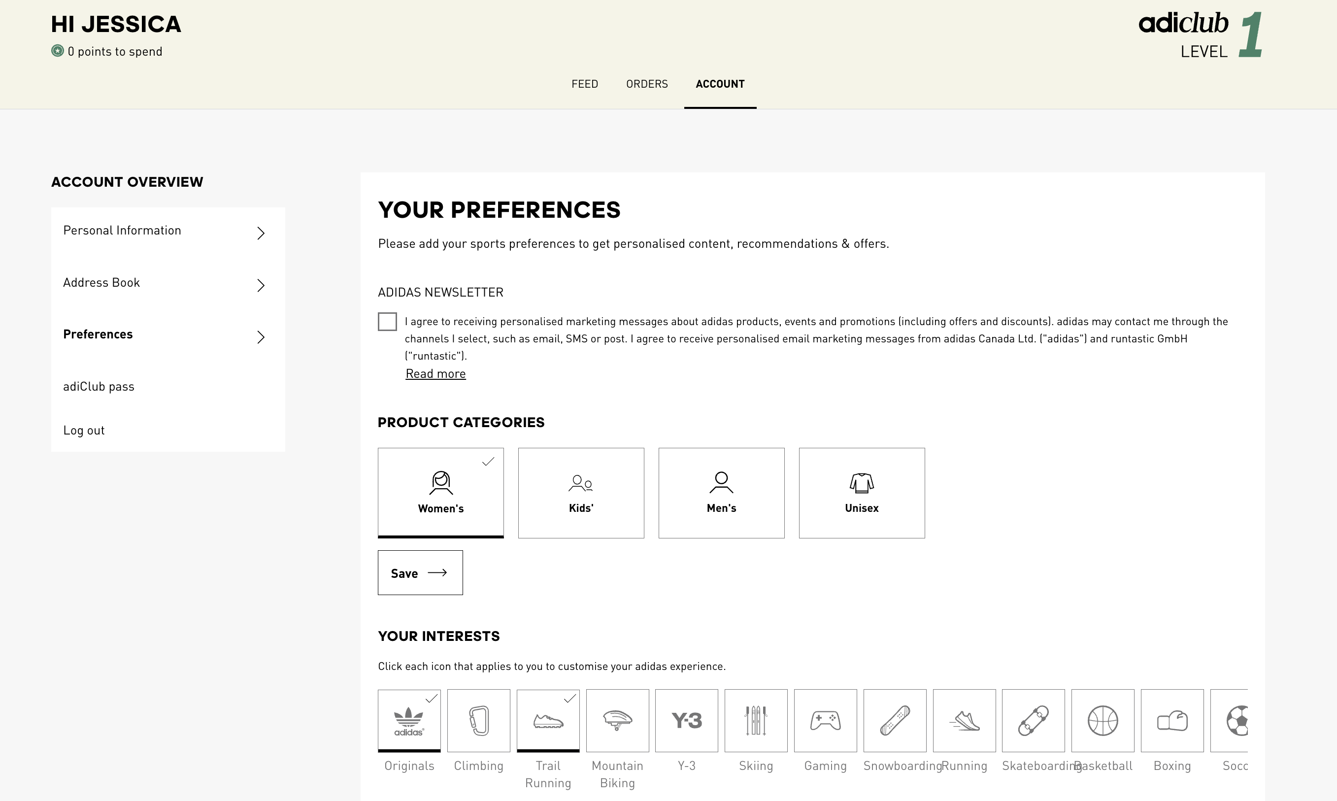 Adidas account preference page with customer-specific product and category interests for email segmentation selected.