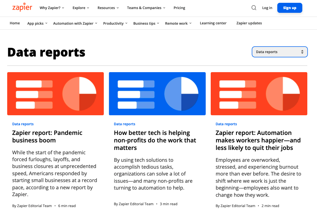 Zapier's data reports page on their blog