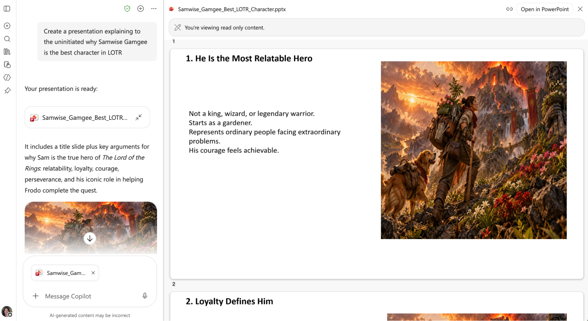 Side-by-side view of a Copilot chat and an AI-generated slideshow. 