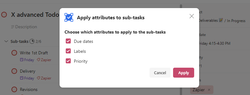 Applying specific attributes to tasks in Todoist