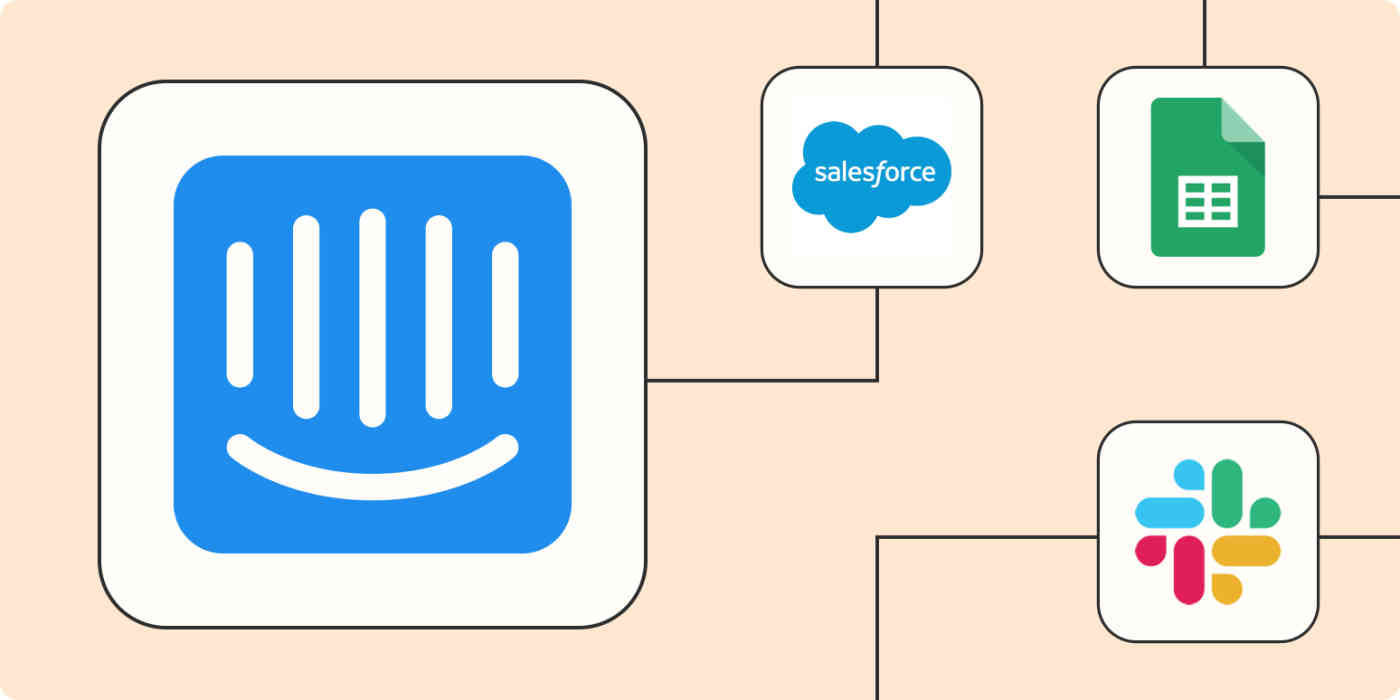 Hero image with the Intercom logo connected by dots to the logos of Salesforce, Google Sheets, and Slack