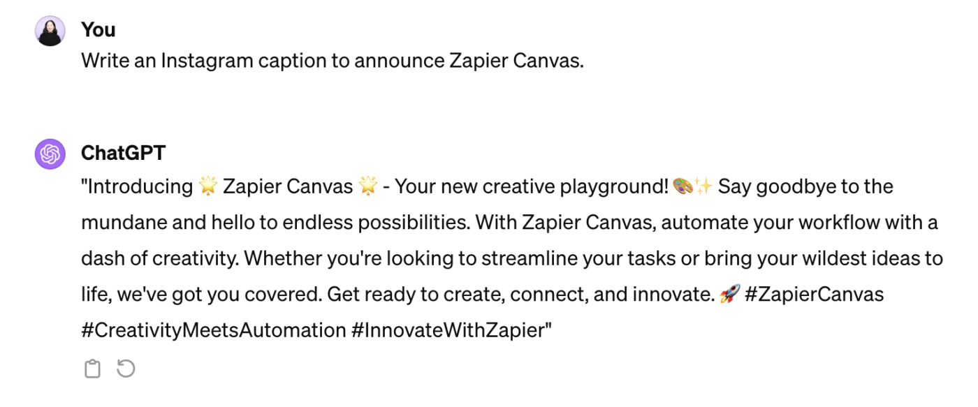 Brief Instagram caption drafted by ChatGPT announcing Zapier Canvas. 
