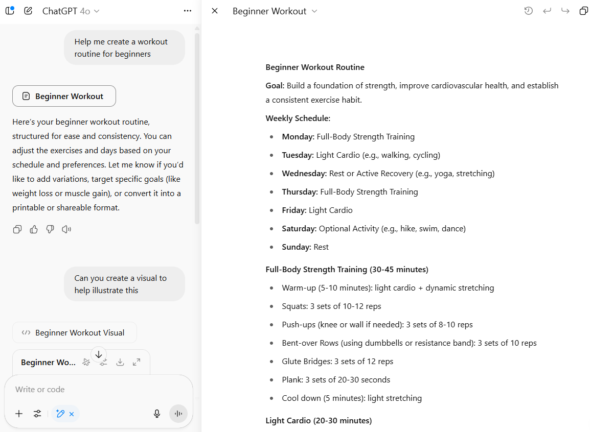 Writing a workout routine in ChatGPT Canvas