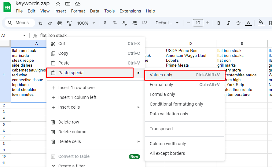 A Google Sheet with Paste special and Values only highlighted in an open menu.