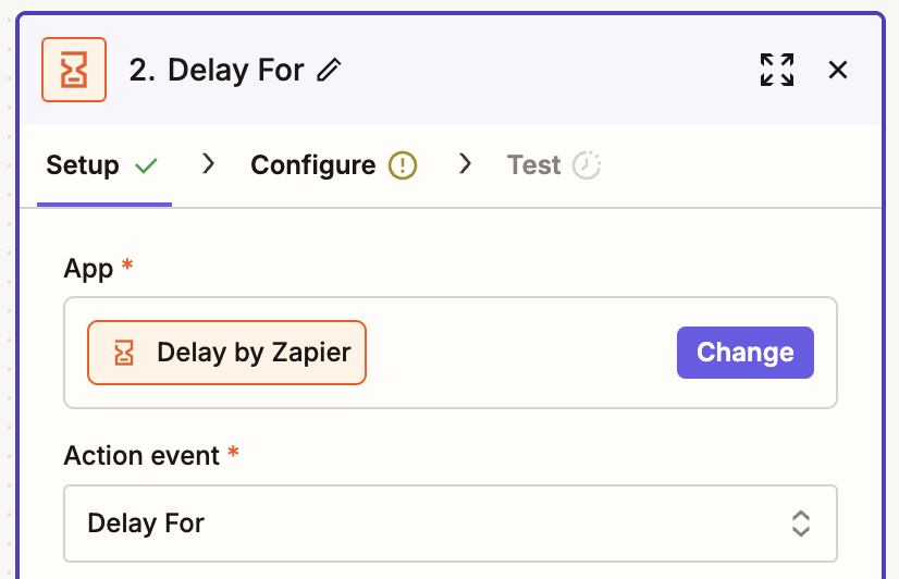 A screenshot of a window in the Zap editor to set up a Delay For step.