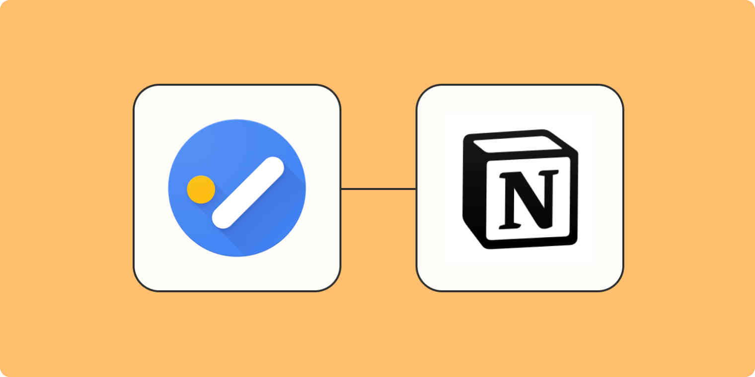 Hero image of the Google Tasks app logo connected to the Notion app logo with a black line on a mustard background.