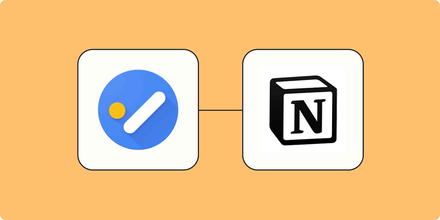 Hero image of the Google Tasks app logo connected to the Notion app logo with a black line on a mustard background.