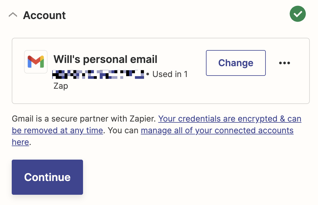 A screenshot of the trigger step in the Zap editor. A Gmail account is selected in the Choose Account dropdown menu.