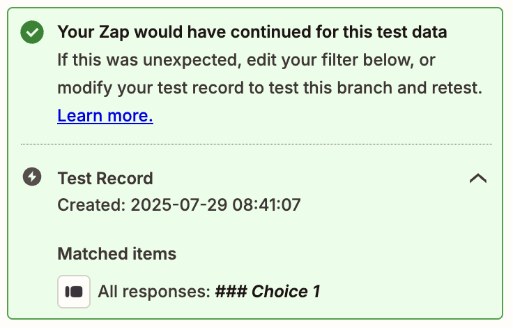 A screenshot of a successful filter test record.