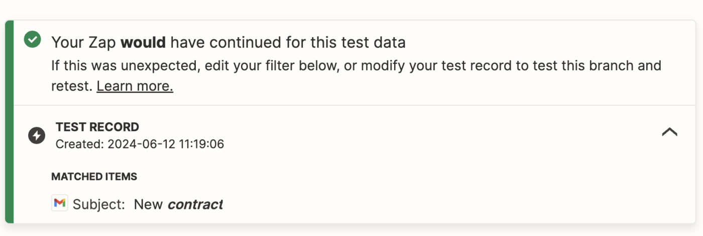 Screenshot of filter test record