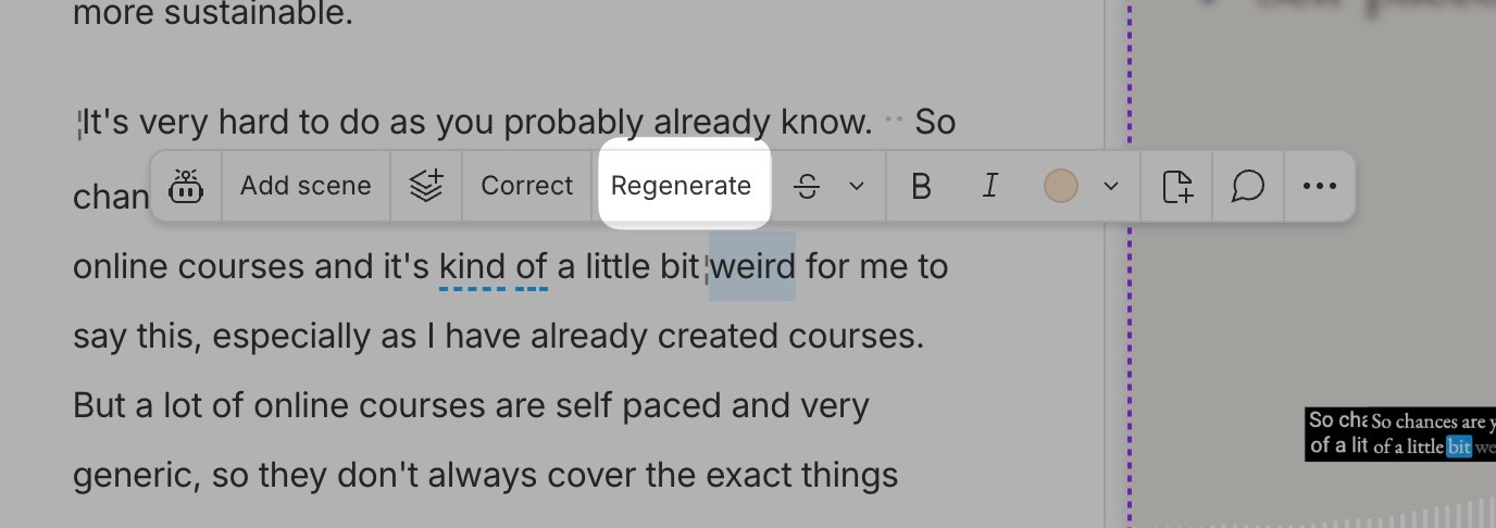 The Regenerate voice cloning option in Descript