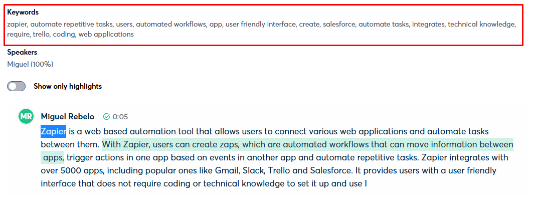 Keywords highlighted in an Otter transcript