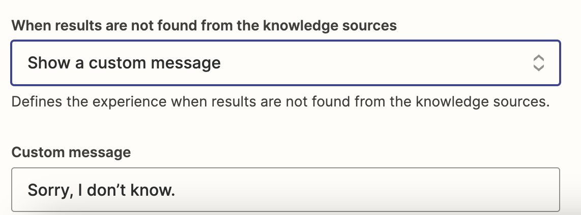 Screenshot of knowledge sources custom message