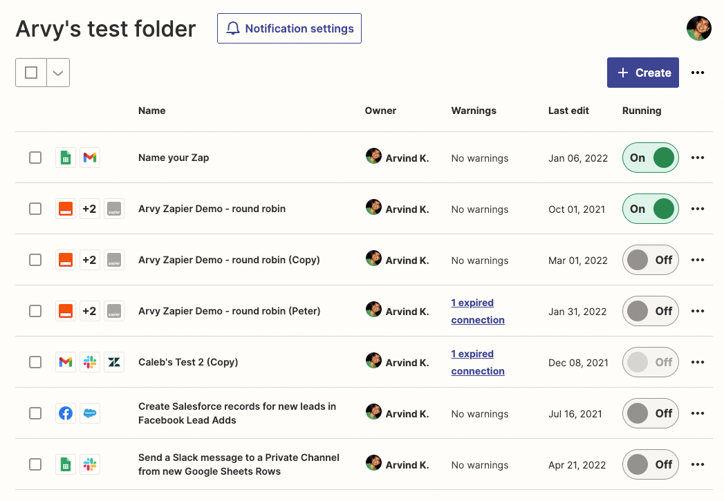 A view inside a Zapier account with a list of Zaps organized with the info-dense view.