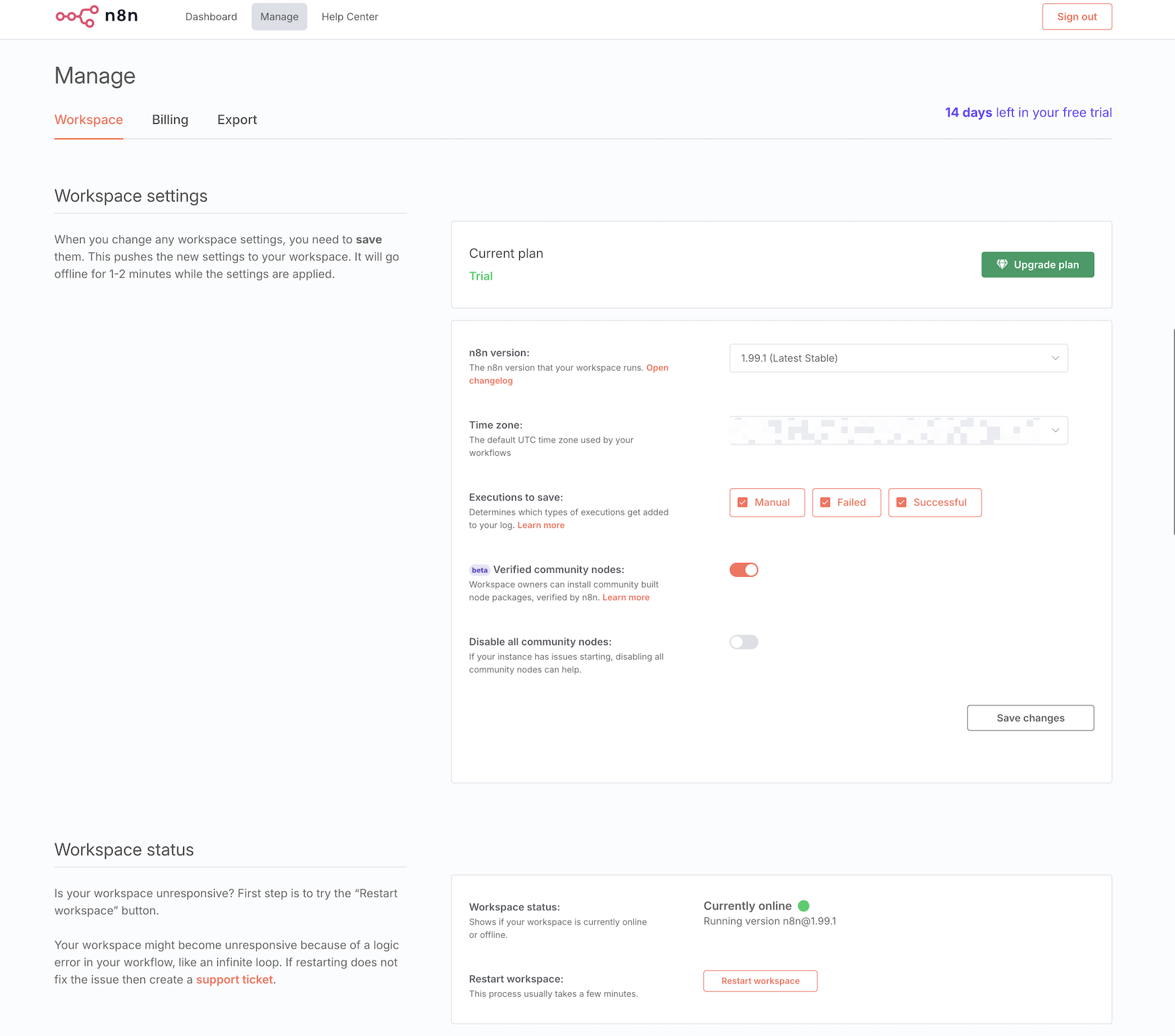 n8n's Workspace admin page
