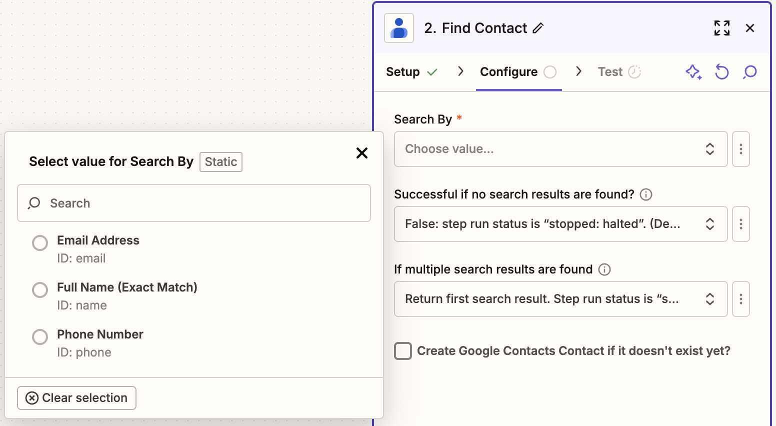 Zapier Find Contact setup showing search options for email address, full name, or phone number