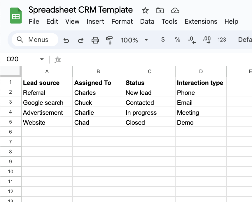 Screenshot of the columns for each set of options in Google Sheets