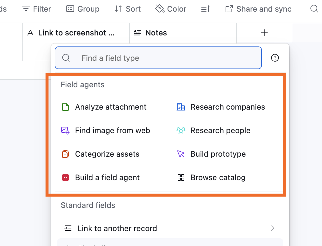 The options for Airtable field agents