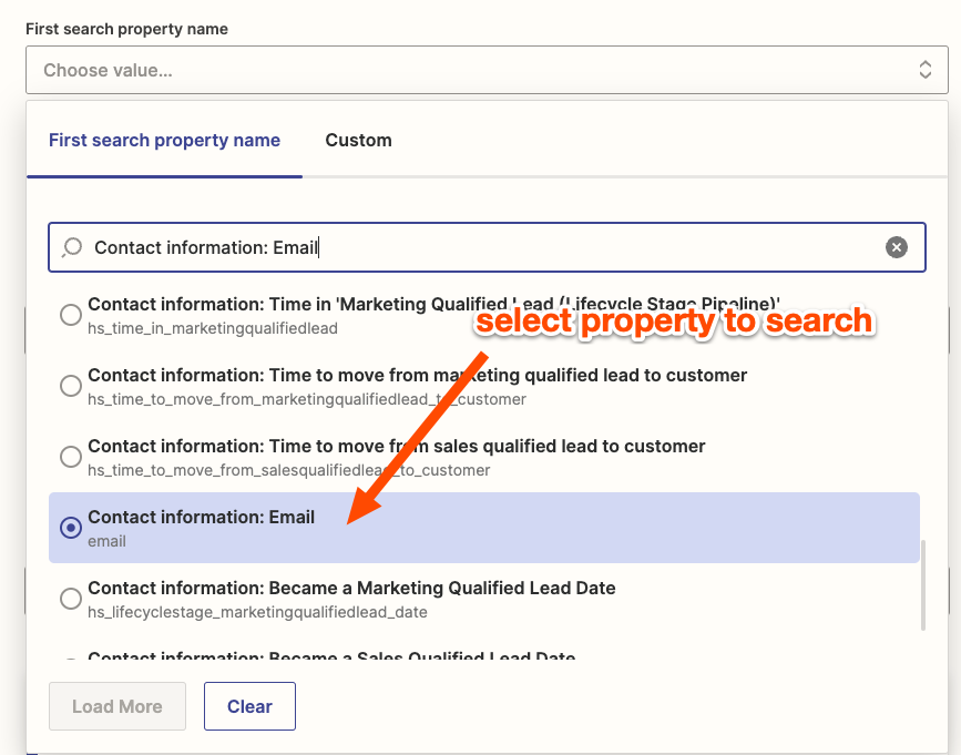 Select the HubSpot property to search.