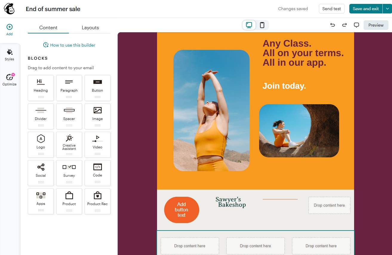 The Mailchimp email editor with a template in use