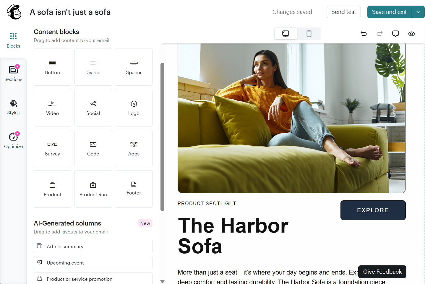 The Mailchimp email editor with a template in use
