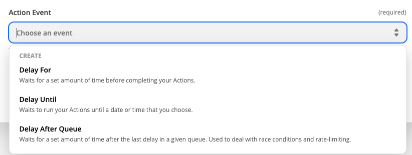 The available action events for Delay by Zapier.