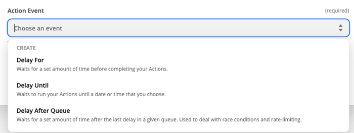 The available action events for Delay by Zapier.
