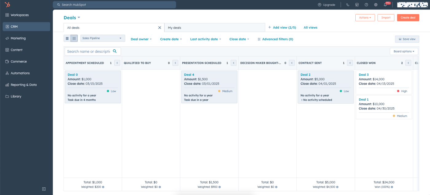 Screenshot of HubSpot sales workflow Kanban board.