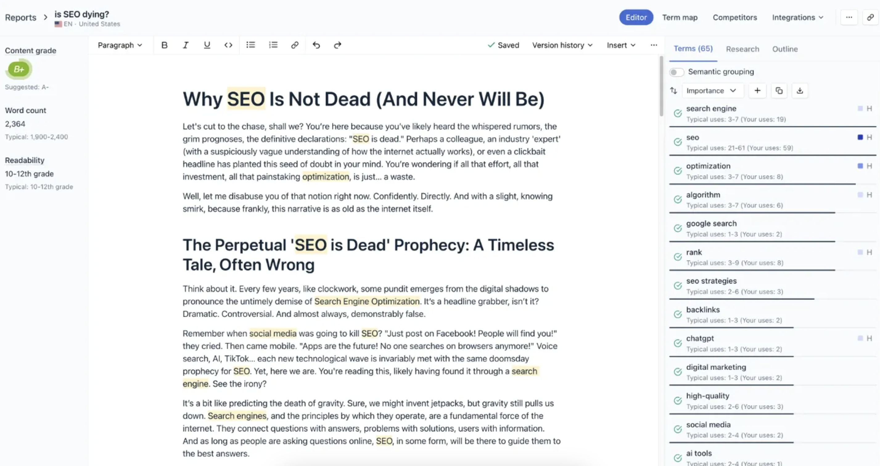 Clearscope, our pick for the best SEO tool for content optimization