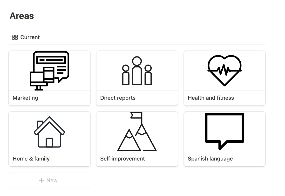 In the Notion second brain template, the "Areas" database in gallery view.