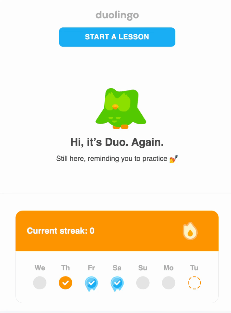 Re-engagement email marketing example from the language learning app Duolingo. 