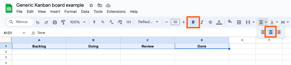 Screenshot of Google Sheets document titled Generic Kanban board example with section headings backlog, doing, review, and done with highlighted boxes showing to bold the text and color the backgrounds of the cells.