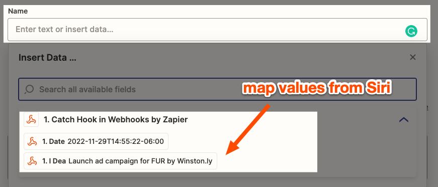 An orange arrow points to values from Siri that have been added to the data menu in your Zap.