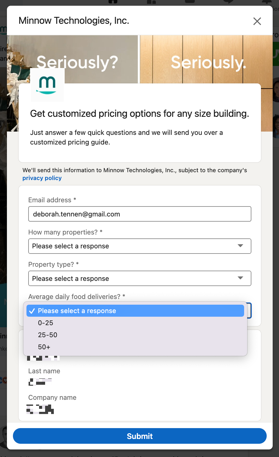 LinkedIn Lead Gen Form example from Minnow Technologies, Inc. with three dropdown questions