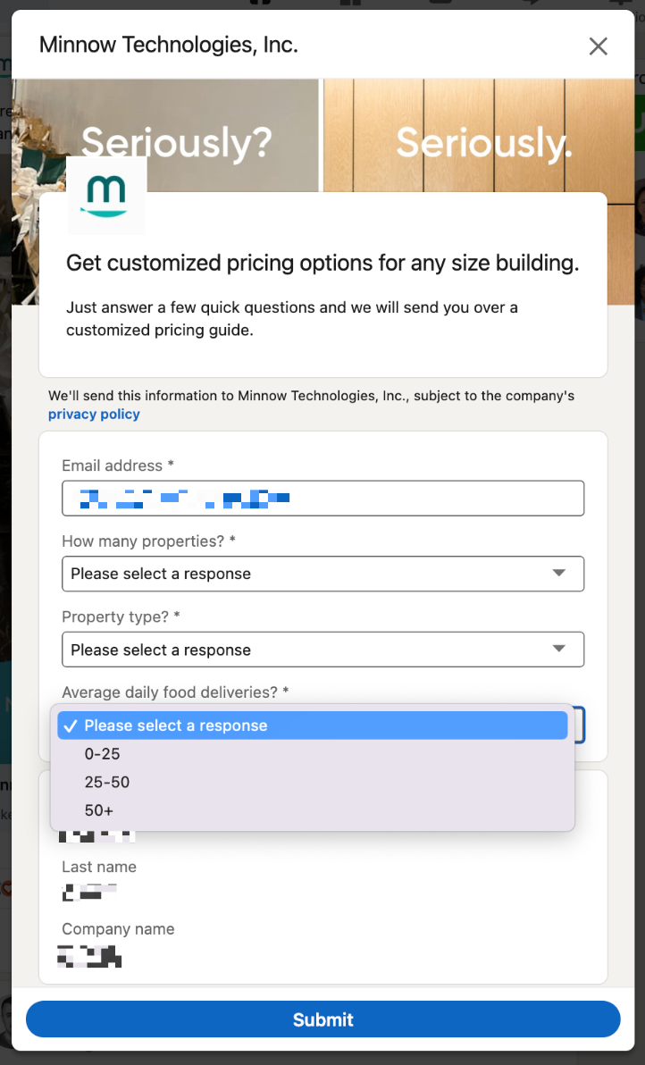 LinkedIn Lead Gen Form example from Minnow Technologies, Inc. with three dropdown questions