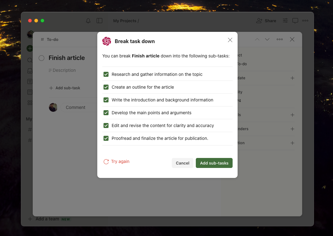 Todoist suggesting subtasks with its AI assistant