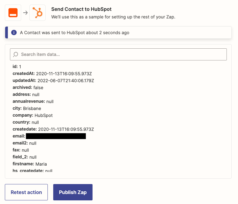 A success message because a contact was sent to HubSpot