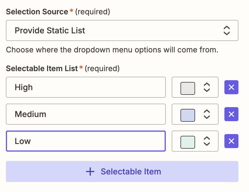 Screenshot of selectable item list options