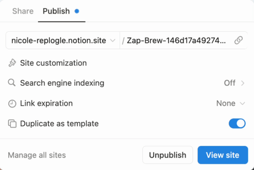 A gif showing how to update the slug on a published Notion page.