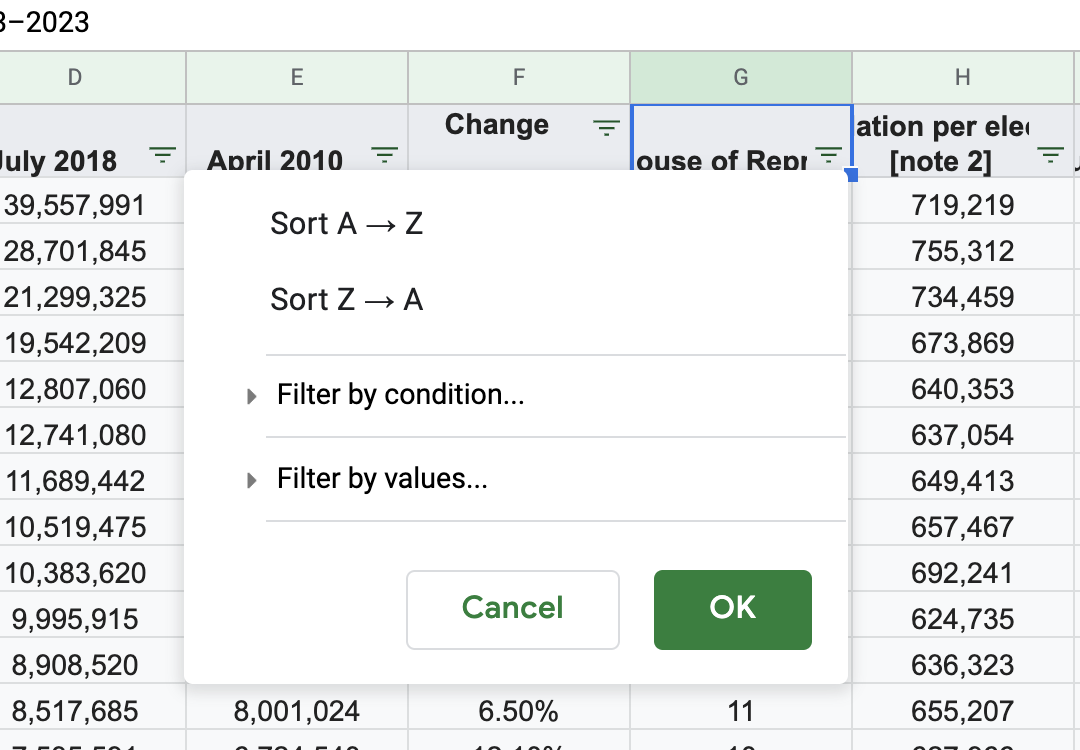 Filter dialogue in Google Sheets