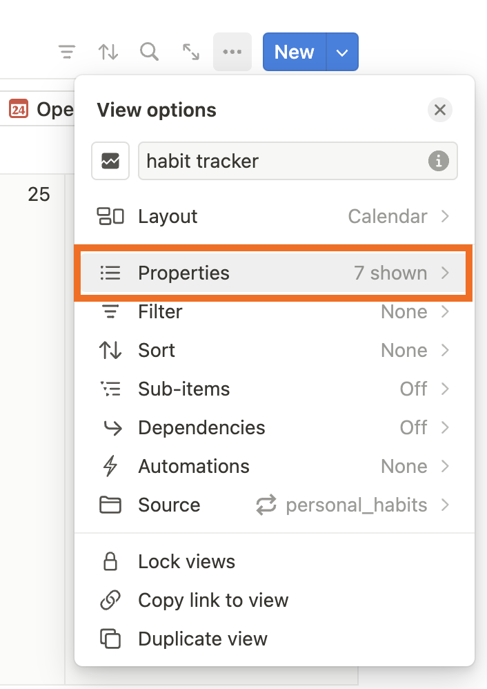 Selecting More > Properties in the Notion goal tracker template